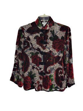Anie A. Medium Burnout Velvet Sheer Silk Blouse Floral Paisley Romantic Mandarin